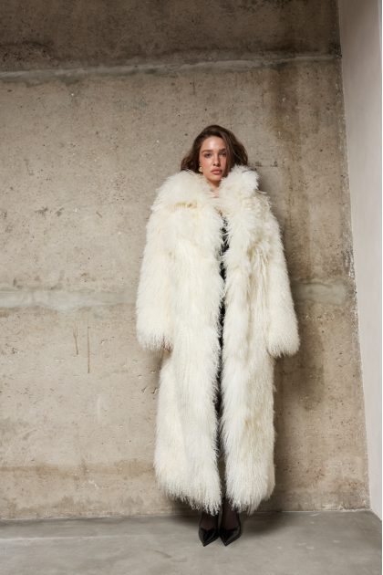 Long white llama fur coat